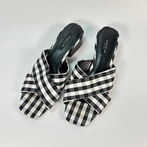 Lafayette 148 NY Gingham Plaid Black White Cross Slide Block Heel Sandal W7.5